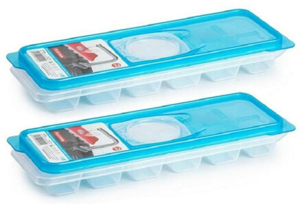 IJsblokjesvorm met deksel - 2x - 12 ijsklontjes - kunststof - ijsblauw