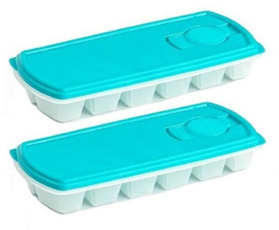 IJsblokjesvorm met deksel - 2x - 12 ijsklontjes - kunststof - lichtblauw