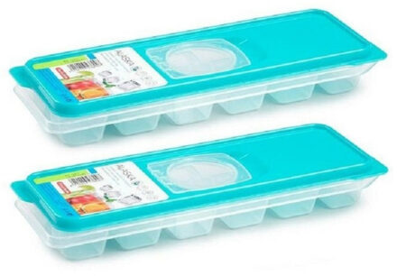 IJsblokjesvorm met deksel - 2x - 12 ijsklontjes - kunststof - lichtblauw