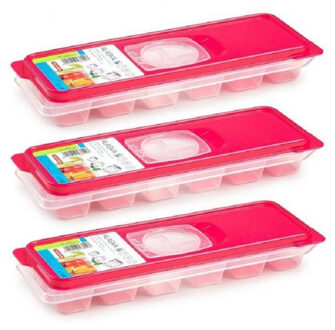 IJsblokjesvorm met deksel - 3x - 12 ijsklontjes - kunststof - fuchsia roze