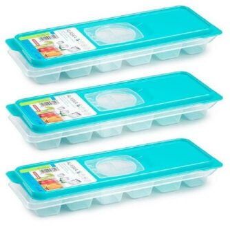 IJsblokjesvorm met deksel - 3x - 12 ijsklontjes - kunststof - lichtblauw