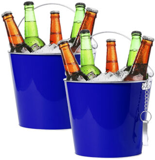 IJsemmer/bierkoeler - 2x stuks - 6L - metaal - blauw - met flesopener - wijnkoeler - drankkoeler