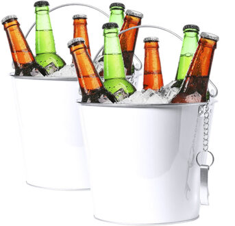 IJsemmer/bierkoeler - 2x stuks - 6L - metaal - wit - met flesopener - wijnkoeler - drankkoeler