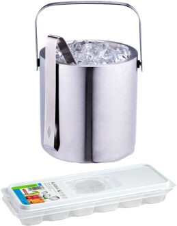 IJsemmer inclusief tang - zilver - met ijsblokjesvorm - met deksel - RVS