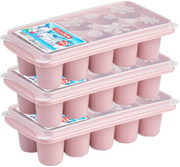 ijsklontjes bakjes - 6.5 cm - 4x stuks - trays met deksel - roze - kunststof