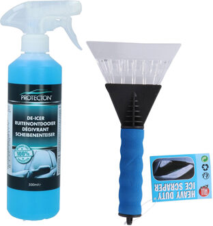 Ijskrabber met antivries spray voor auto - 500 ml - blauw - ruitenontdooier