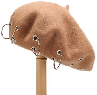 Ijzeren Ringen Harajuku Baretten Vrouwen Mooie Vintage Punk Rock Stijl Ijzeren Ringen Baret Caps Retro Wol Hoeden Wollen Schilder Baret # PP2 Beige