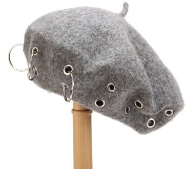 Ijzeren Ringen Harajuku Baretten Vrouwen Mooie Vintage Punk Rock Stijl Ijzeren Ringen Baret Caps Retro Wol Hoeden Wollen Schilder Baret # PP2 grijs