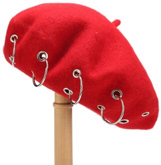 Ijzeren Ringen Harajuku Baretten Vrouwen Mooie Vintage Punk Rock Stijl Ijzeren Ringen Baret Caps Retro Wol Hoeden Wollen Schilder Baret # PP2 rood