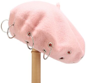 Ijzeren Ringen Harajuku Baretten Vrouwen Mooie Vintage Punk Rock Stijl Ijzeren Ringen Baret Caps Retro Wol Hoeden Wollen Schilder Baret # PP2 roze