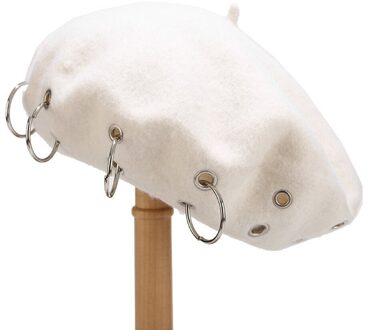 Ijzeren Ringen Harajuku Baretten Vrouwen Mooie Vintage Punk Rock Stijl Ijzeren Ringen Baret Caps Retro Wol Hoeden Wollen Schilder Baret # PP2 wit