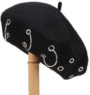 Ijzeren Ringen Harajuku Baretten Vrouwen Mooie Vintage Punk Rock Stijl Ijzeren Ringen Baret Caps Retro Wol Hoeden Wollen Schilder Baret # PP2 zwart