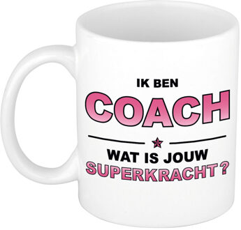Ik ben coach wat is jouw superkracht cadeau mok / beker wit en roze - cadeau / verjaardag - feest mokken