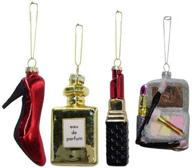 IKO kersthangers pump, parfum, lipstick, portemonnee - 3x st - glas - Kersthangers Rood
