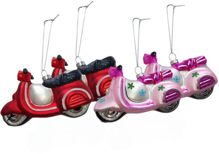 IKO Kersthangers scooters - 4x st - roze en rood - 11,5 cm - glas - Kersthangers