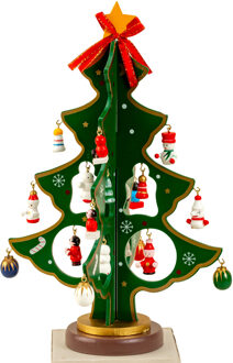 IKO - Kleine decoratie kerstboomp - met ornamenten - hout - 25 cm - Houten kerstbomen Groen