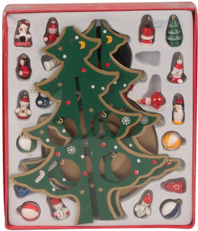 IKO - Kleine decoratie kerstboomp - met ornamenten - hout - 28 cm - Houten kerstbomen Groen