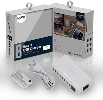 Ilepo 60W 8 Poorten Snelle Lading Slimme Usb Lader QC3.0 Scherm Fast Charger Zakformaat Met Kabel Voor huawei Voor Iphone UK