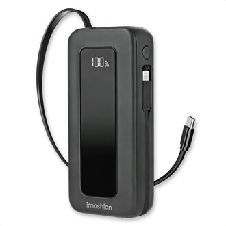 Imoshion Powerbank met uittrekbare kabel 10.000 mAh - Power Delivery - USB-C + Lightning - Zwart - One size