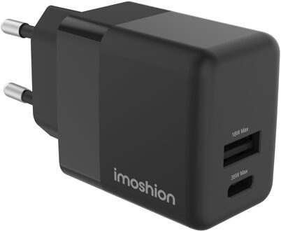 Imoshion Wall Charger - Oplader - USB-C + USB-A - Power Delivery en Quick Charge - 35W - Zwart - One size
