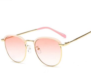 Imwete Metalen Zonnebril Vrouwen Half Frame Zonnebril Mannen Vintage Ronde Outdoor Goggles Gekleurde Brillen Vrouwelijke UV400 Goud Roze