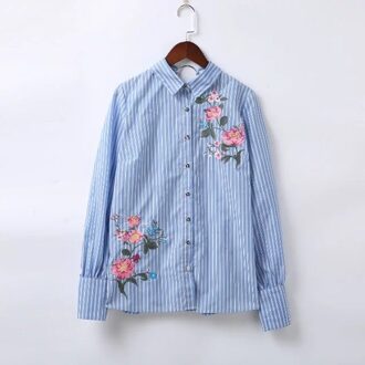 In Boutique Womens Tops Blauw Gestreepte Bloemen Bloem Geborduurde Blouse Shirt Met Ring Hals Trim Detail