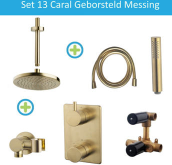 Inbouw Regendouche Set 13 Caral Rechthoek Plafonduitloop Geborsteld Messing Goud