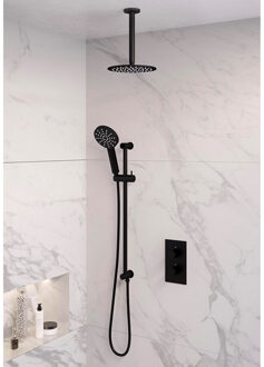 Inbouw Regendouche Set Brauer Black Edition Plafond Uitloop Ronde Hoofddouche 20 cm Met Glijstang en Handdouche 3 Standen Mat Zwart