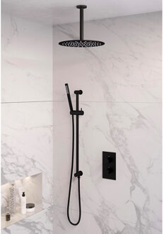 Inbouw Regendouche Set Brauer Black Edition Plafond Uitloop Ronde Hoofddouche 30 cm Met Glijstang Mat Zwart