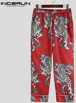 INCERUN Afdrukken Mannen Sleep Bottoms Broek Zijde Satijn Leisure Pyjama Comfortabele Nachtkleding Vintage Mannen Lounge Broek S-5XL rood / XXL