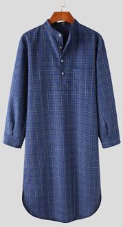 Incerun Man Katoen Zakken Homewear Mannen Plaid Slaap Robes Lange Mouwen Stand Kraag Nachtjapon Casual Button Comfy Badjassen 5XL 7 blauw / 5XL