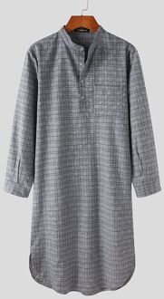 Incerun Man Katoen Zakken Homewear Mannen Plaid Slaap Robes Lange Mouwen Stand Kraag Nachtjapon Casual Button Comfy Badjassen 5XL 7 grijs / S