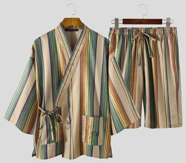 Incerun Mannen Vintage Gestreepte Pyjama Sets 3/4 Mouw Lace Up Tops Koord Shorts 2 Stuks Man Retro Kimono Homewear Pakken s-5XL Xxxl