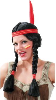 Indianen damespruik zwarte vlechten met hoofdband
