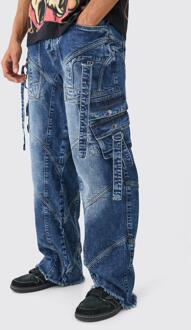 Indigo Baggy Jeans Met Onbewerkte Bandjes En Gesp Detail, Indigo - 36R