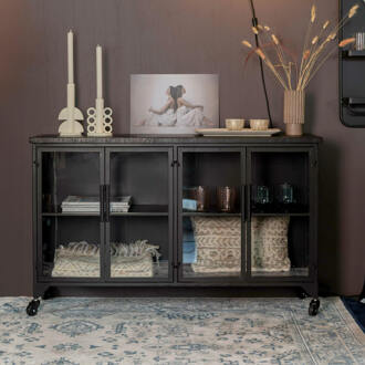Industrieel Dressoir 'Bony' Op wieltjes, Metaaal en glas, 120cm, kleur zwart