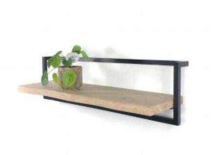 Industrieel zwart metalen wandrek met massief eiken boomstam plank 100 x 30 cm