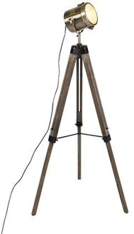 Industriële vloerlamp tripod hout met studiospot - Braha Bruin, Goud