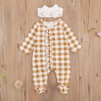 Infant Kids Baby Meisjes Jongens Plaid Footies Lange Mouwen Ruches Jumpsuits Lente Herfst Kleding Met Hoofdband 2 Stuks 0-12M 3-6 Months