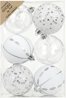 Inge Christmas Goodz kerstballen - 6x st- 8 cm - kunststof - zilver/wit - Kerstbal Zilverkleurig