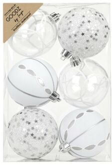 Inge Christmas Goodz kerstballen - 6x st- 8 cm - kunststof - zilver/wit - Kerstbal Zilverkleurig