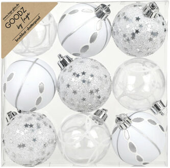 Inge Christmas Goodz kerstballen - 9x st- 6 cm - kunststof - zilver/wit - Kerstbal Zilverkleurig