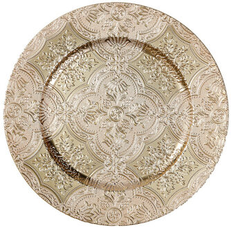 Inge Christmas kaarsenbord - goud brokant - kunststof - D33 cm - rond - Kaarsenplateaus Goudkleurig
