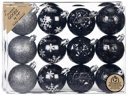 Inge Christmas kerstballen gedecoreerd - 24x - zwart - 6 cm -kunststof - Kerstbal