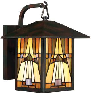 Inglenook buitenwandlamp, gekleurd glas, H 31,4 cm brons, gekleurd