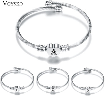 Initial Alphabet Heart Bracelets For Woman Customized Stainless Steel A-Z 26 Letter Cuff Jewelry Bracelet Bangles Silver Color