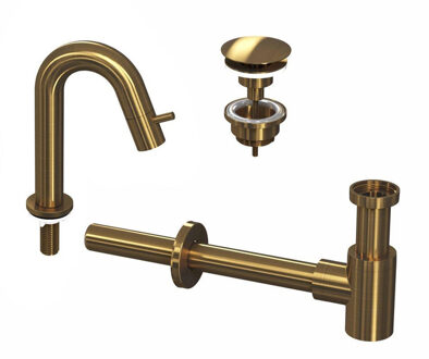 Ink 4A Fonteinkraanset - staande Fonteinkraan - laag gebogen - always open - plug en designSifon - Brushed mat goud 9902463 Brushed Goud mat