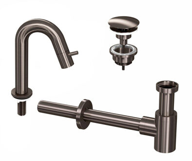 Ink 4A Fonteinkraanset - staande Fonteinkraan - laag gebogen - always open - plug en designSifon - Metal black 9902464 Metal black geborsteld (antraciet)