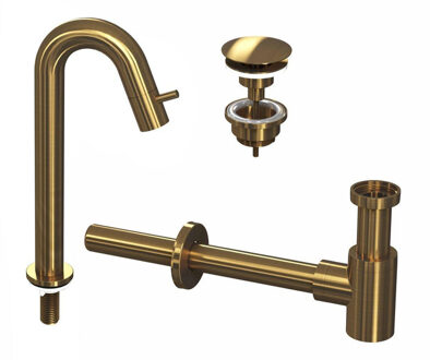 Ink 5A Fonteinkraanset - staande Fonteinkraan - hoog gebogen - always open - plug en designSifon - Brushed mat goud 9902483 Brushed Goud mat