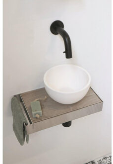 Ink Jazz XS toiletmeubel frame RVS plateau Greige Eiken waskom rechts polystone 20cm mat wit Wit mat